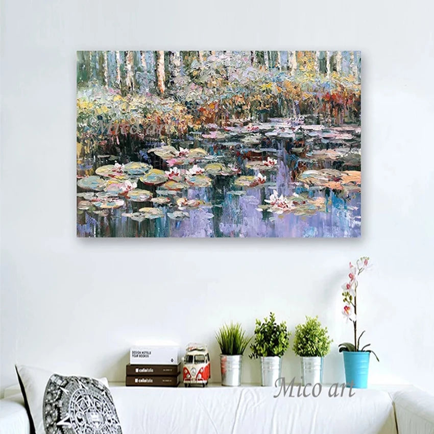 Modern 100% Hand Painted Monet Lotus Flower Oil Painting Reproduction Canvas Wall Art Unframed Paintings Wall Picture Artwork