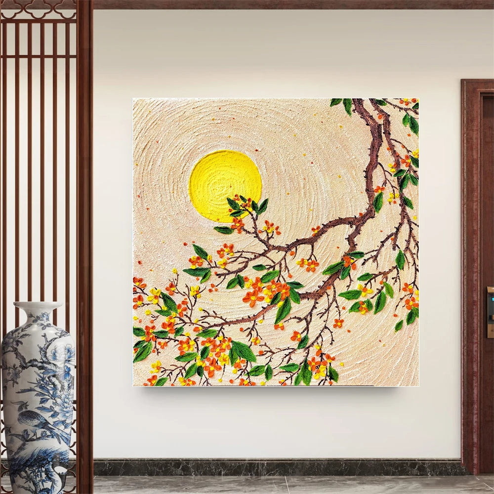 Hand-Painted Texture Relief Chinese Style Osmanthus Moon Night Art Canvas Wall Art For Living Room Entrance Decor