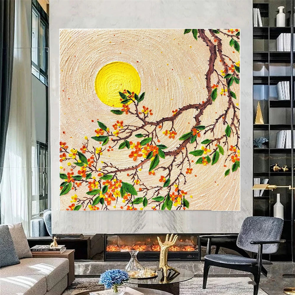 Hand-Painted Texture Relief Chinese Style Osmanthus Moon Night Art Canvas Wall Art For Living Room Entrance Decor